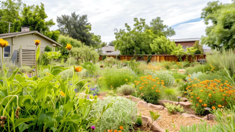 Üppiger Garten mit Blumen und Bäumen hinter einem Haus