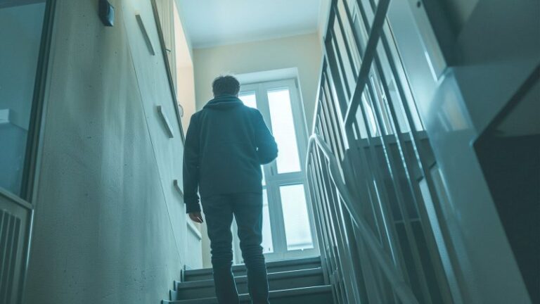 Person geht Treppe in modernem Gebäude hinauf