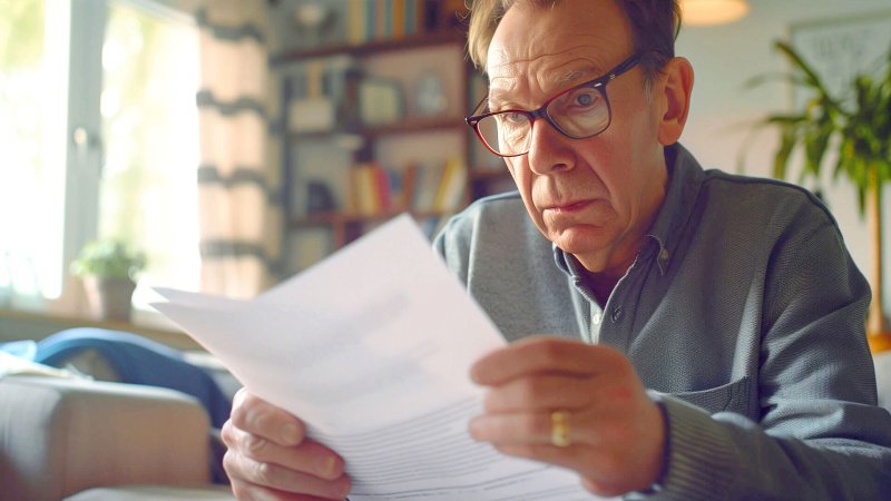 Älterer Mann liest aufmerksam Dokumente im Wohnzimmer