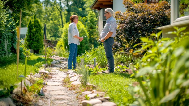 Zwei Personen unterhalten sich im Garten auf einem Weg