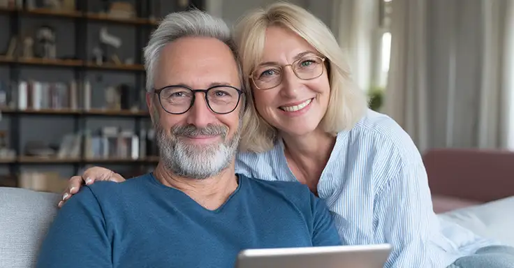 Lächelndes Paar mit Tablet im Wohnzimmer