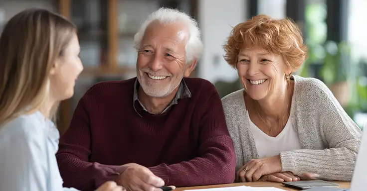 Älteres Paar im Gespräch mit Immobilienberaterin