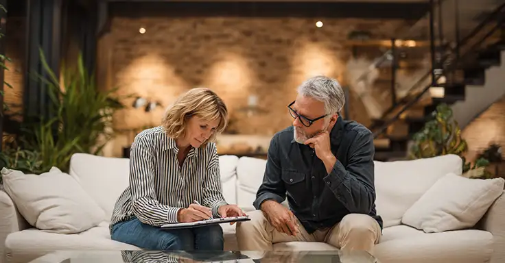 Paar bespricht Wohnungsverkauf auf einem Sofa